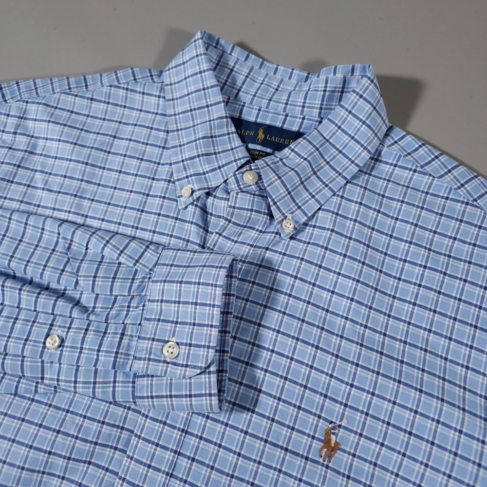 Ralph Lauren Button Down Mens LG Blue Plaid Slim Fit Stretch Oxford Shirt
