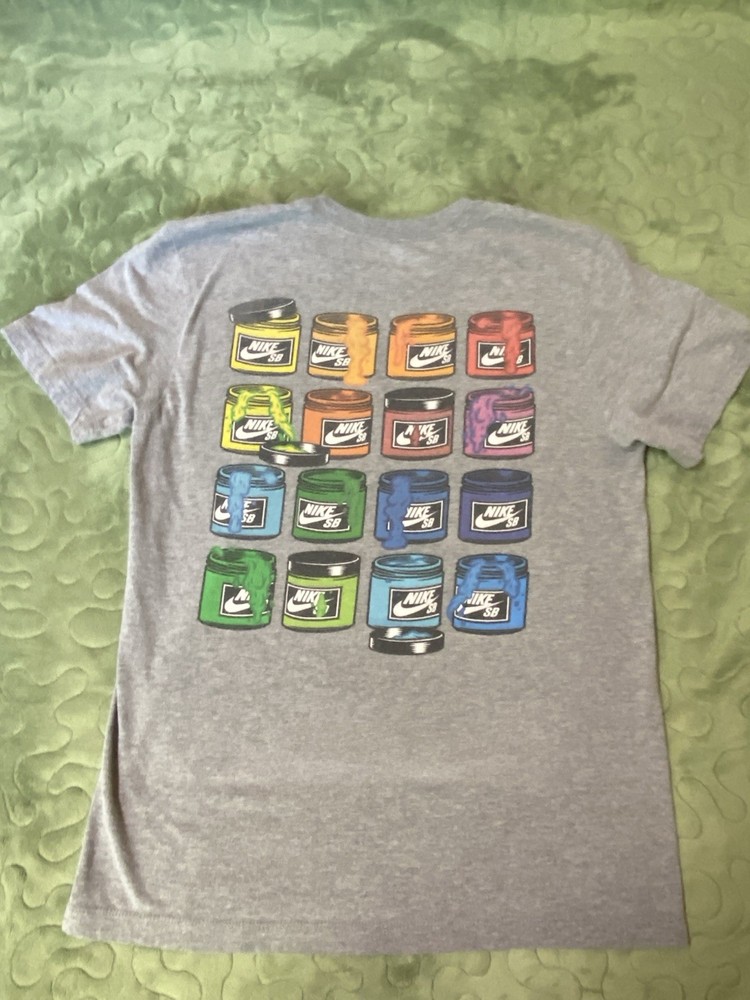 Mens Nike SB Paint Cans T Shirt Size Small Gray Double Sided Loose Fit, Read