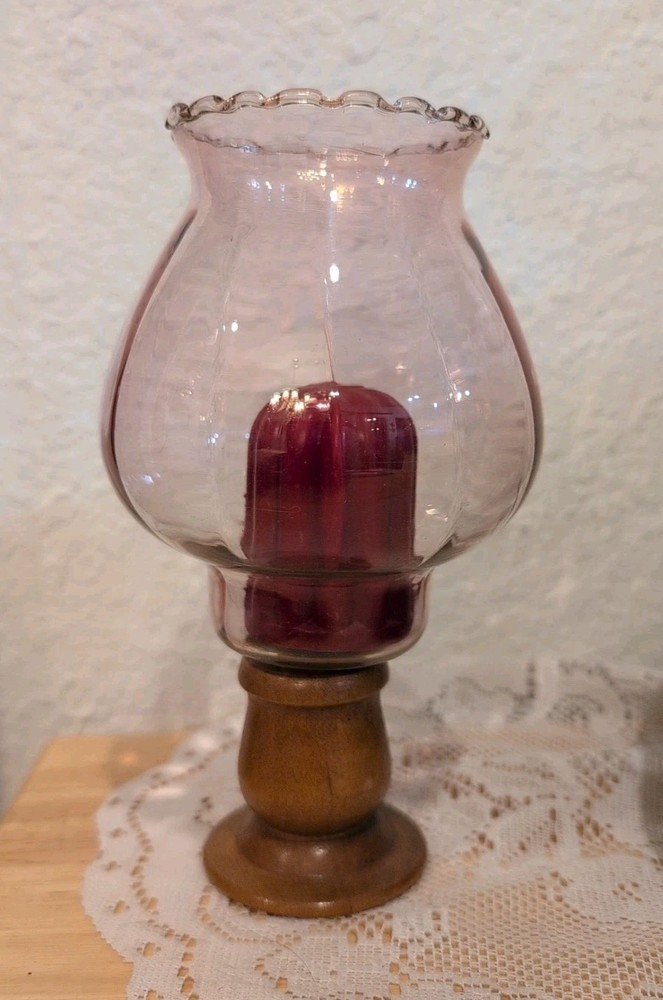 Vintage Wooden Candle Holder & Home Interiors Glass Candle Votive Pink Celeste