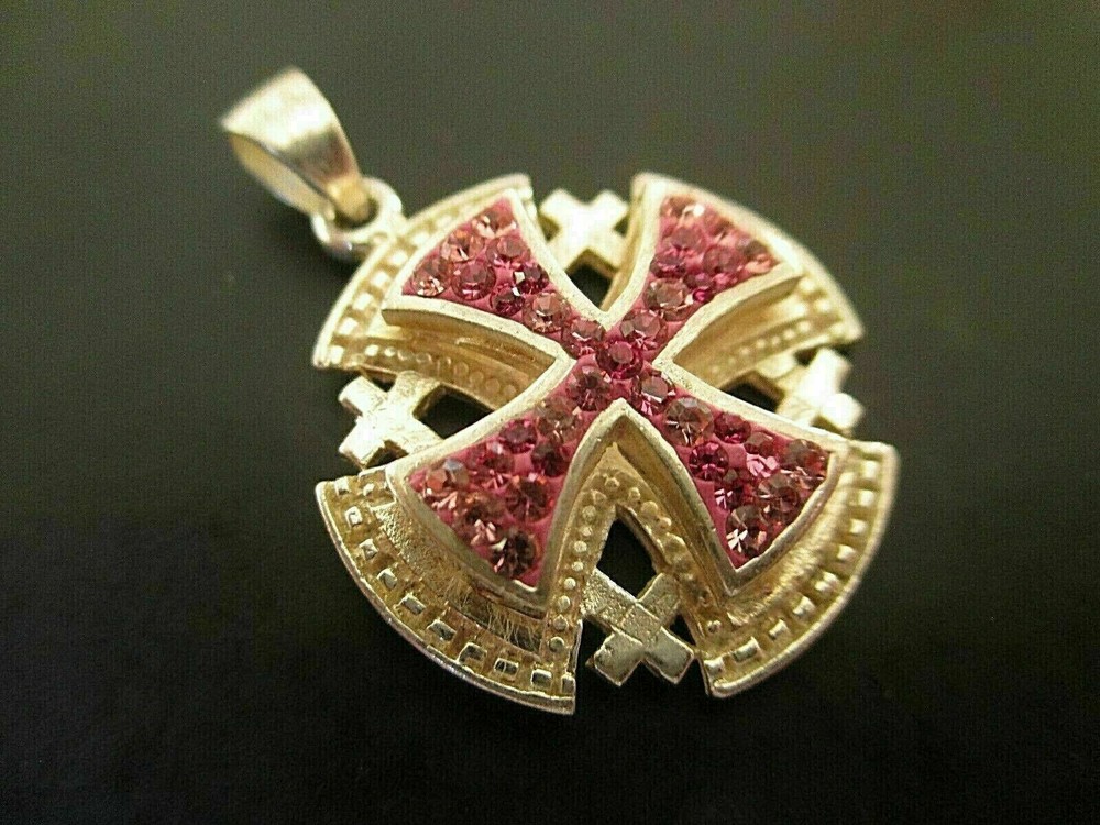 2Ct Round Red Ruby Diamond Jerusalem Cross Pendant & Chain 14K Yellow Gold Over