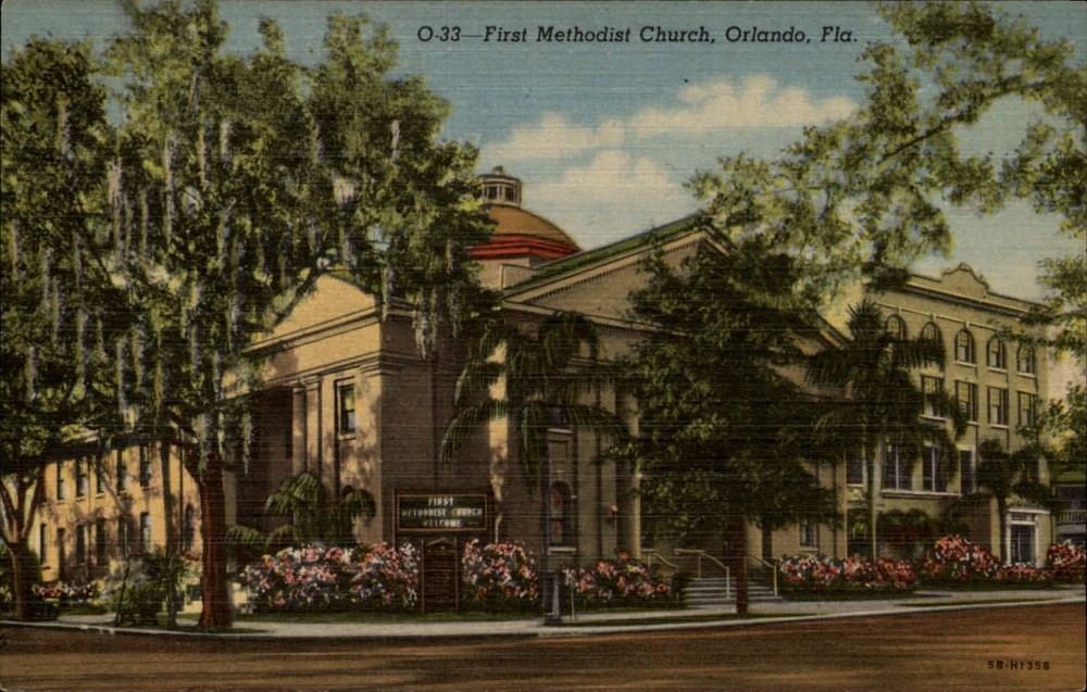 First Methodist Church ~ Orlando Florida ~ 1940s linen postcard