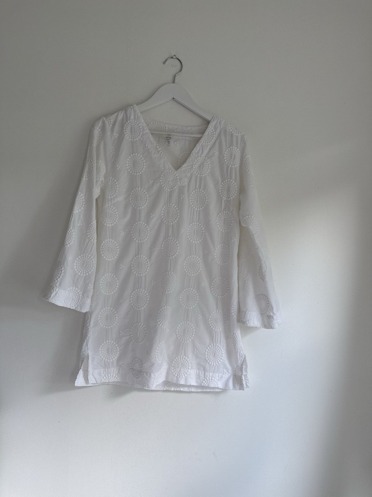 Helen Jon White Embroidered Tunic Top Size M | 100% Cotton Resort Beach Cover-Up