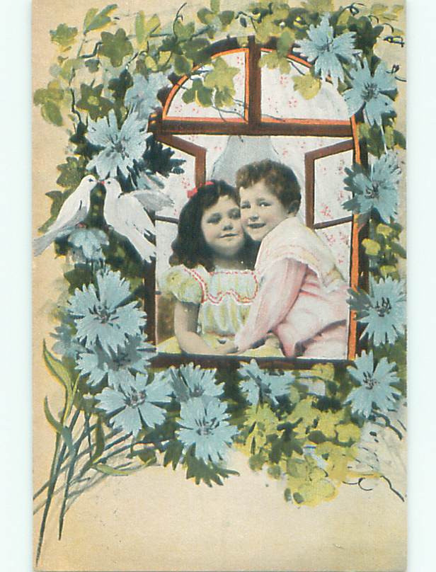 Vintage Valentine Card Cute Girl in Window Gets Hug From Boy 60k K9488 Unused Pre-Linen