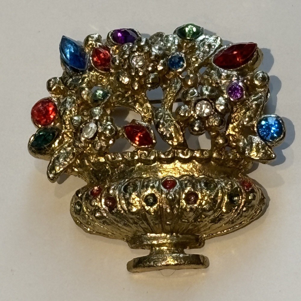 Vintage Flower Basket Urn Vase Brooch Gold Tone Multi Colored Crystals