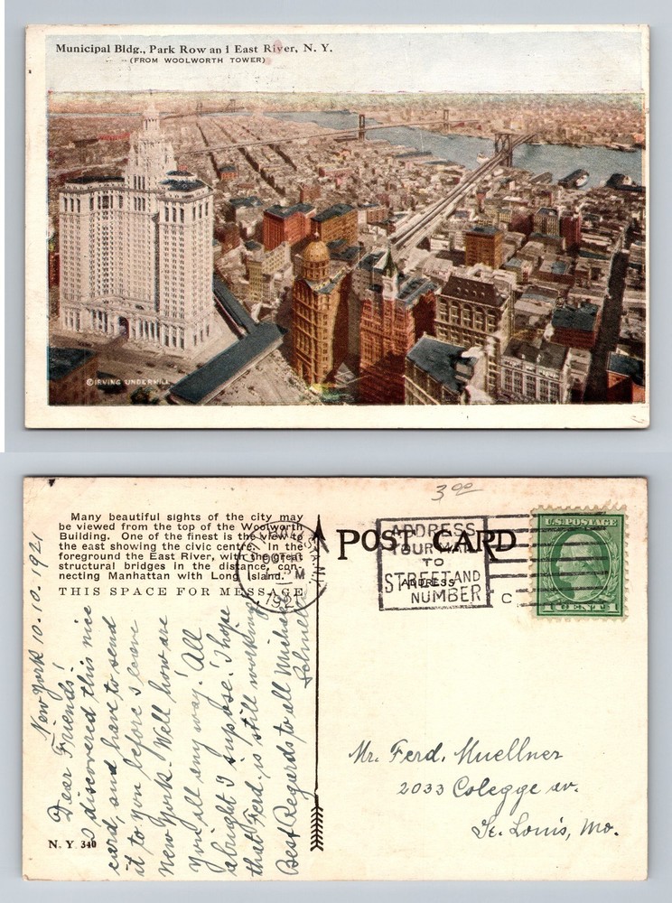 New York City NY, Municipal Bldg East River Woolworth Vintage c1921 Postcard