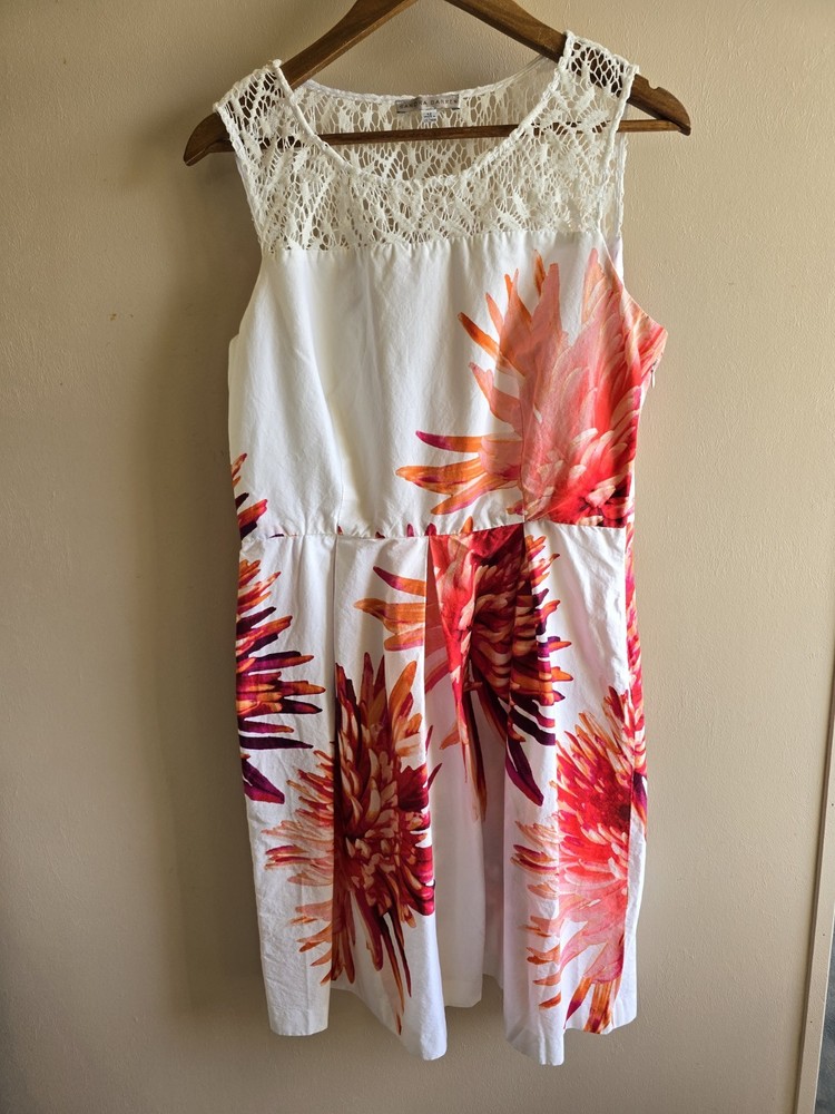 Women's Sandra Darren Floral White Multicolor  Sleeveless Flared Dress Size 12