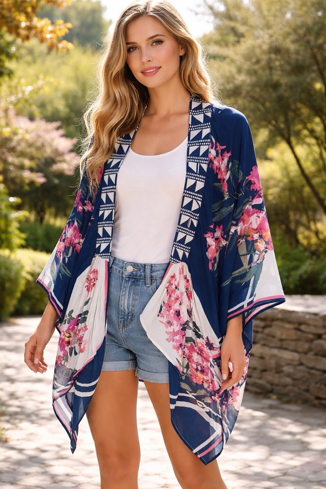 Flying Tomato Floral Kimono Cardigan M/L Boho Open Front Draped Rayon Flowy