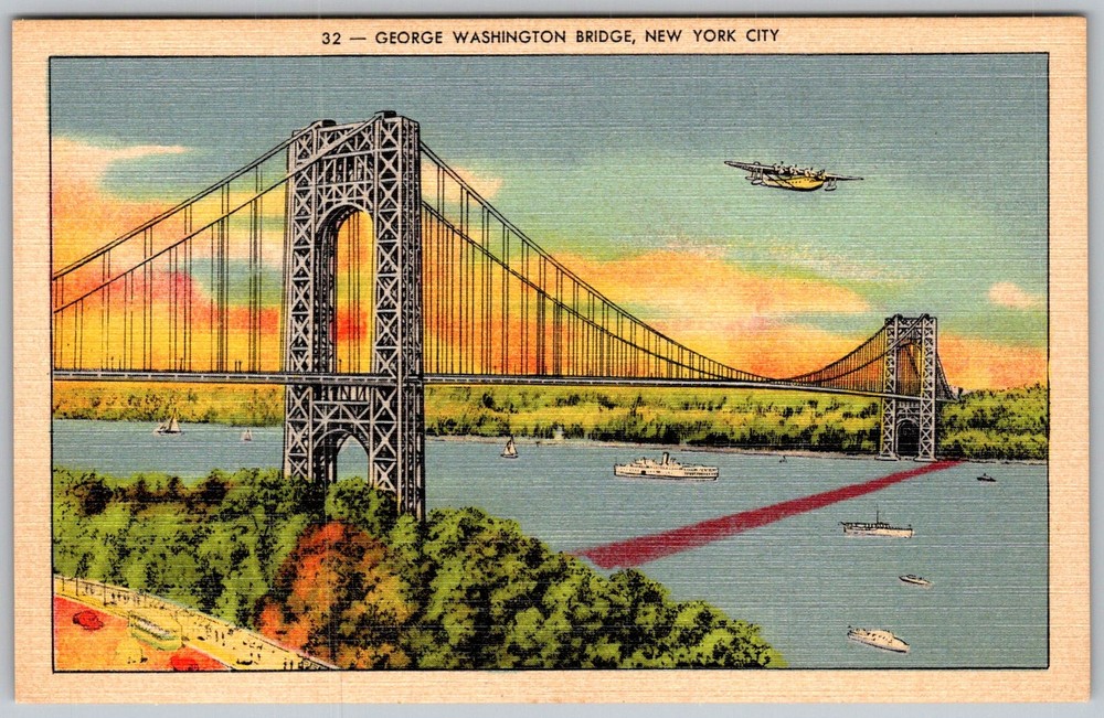 Vtg Linen Postcard George Washington Bridge New York, NY 1930s