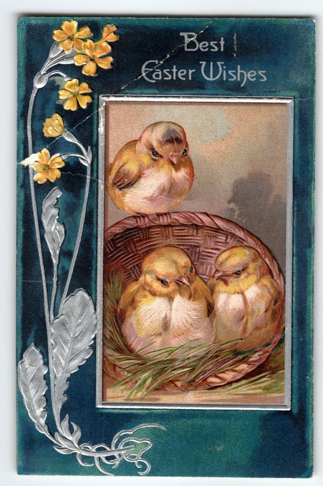 Easter Postcard Baby Chicks In Wicker Basket Embossed Vintage Germany PFB 6788