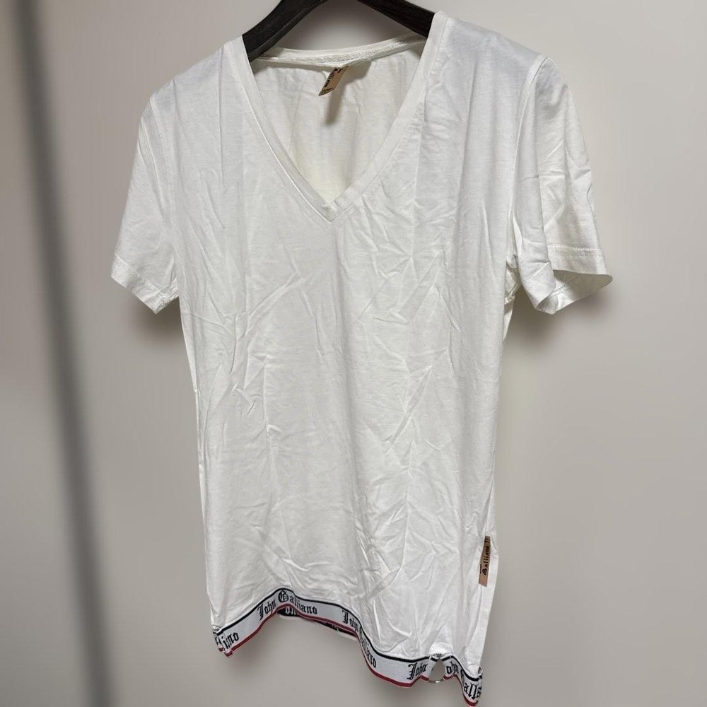 John Galliano White V-Neck T-Shirt Size S with Logo