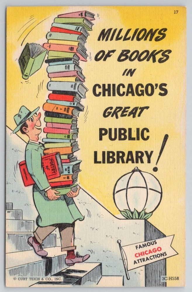 Chicago Public Library Millions of Books Linen Postcard Curt Teich 1943