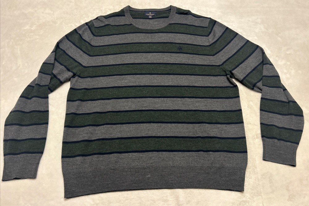 Brooks Brothers Sweater Men’s Size XL Gray Green Striped Extra Fine Merino Wool