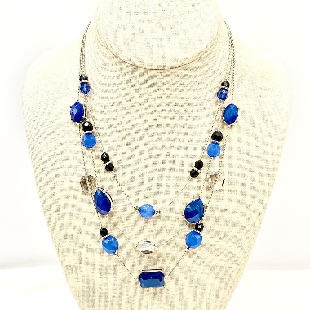 Vintage NY Silver Tone Choker with Tri Chain and Blue Faceted Beads for Beach Looks