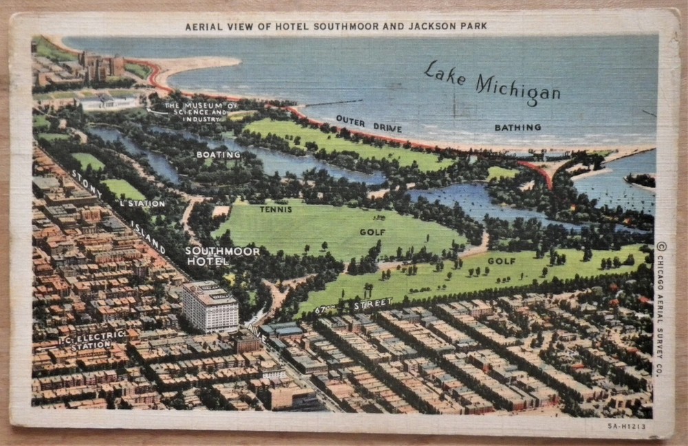 Aerial View Of Southmoor Hotel & Jackson Park Chicago, Illinois Ad Postcard
