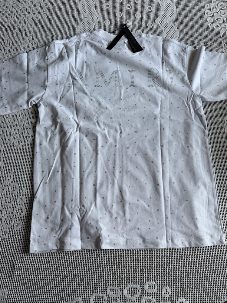 AMIRI Men's White Rhinestone Logo Crewneck Short Sleeve Cotton Jersey T-Shirt S