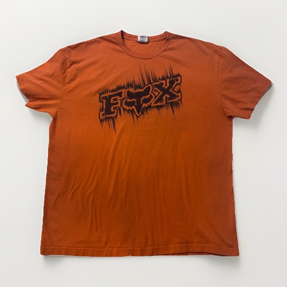 Men’s Vintage Y2K Fox Motorsport Racing Graphic Shirt Orange Logo Tee Size XXL
