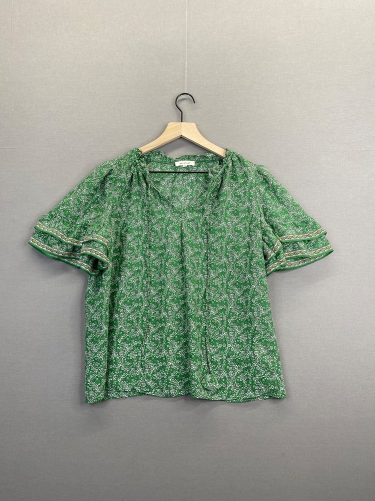 Max Studio Womens Green Floral Blouse Short Sleeve Scoop Neck Drawstring Size M