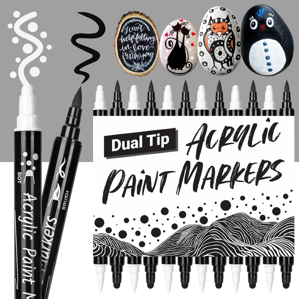 KERIFI Black and White Paint Pens, 12 Dual Tip Acrylic Paint Marker Brush Tip...