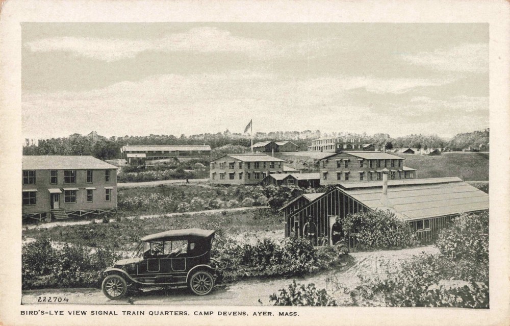 Birdseye View Signal Train Quarters Camp Devens Ayer Massachusetts c1915 PC
