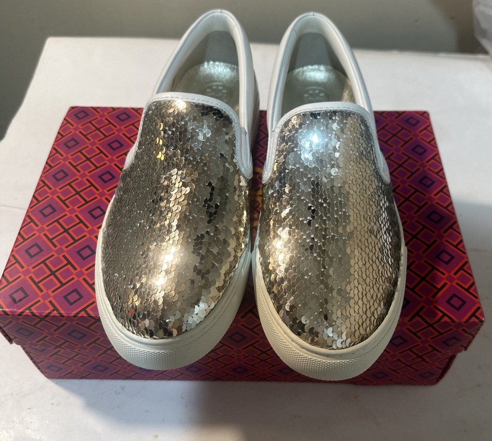 Tory Burch Carter Women's Sequin Slip-On Sneakers Gold/White Size 7 US