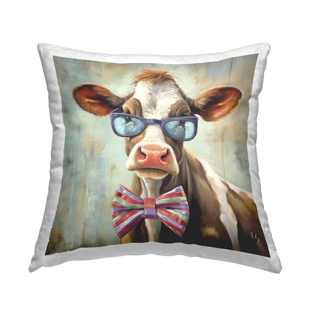 Brown 18x18 Hipster Cow with Bowtie Printed Indoor Throw Pillow