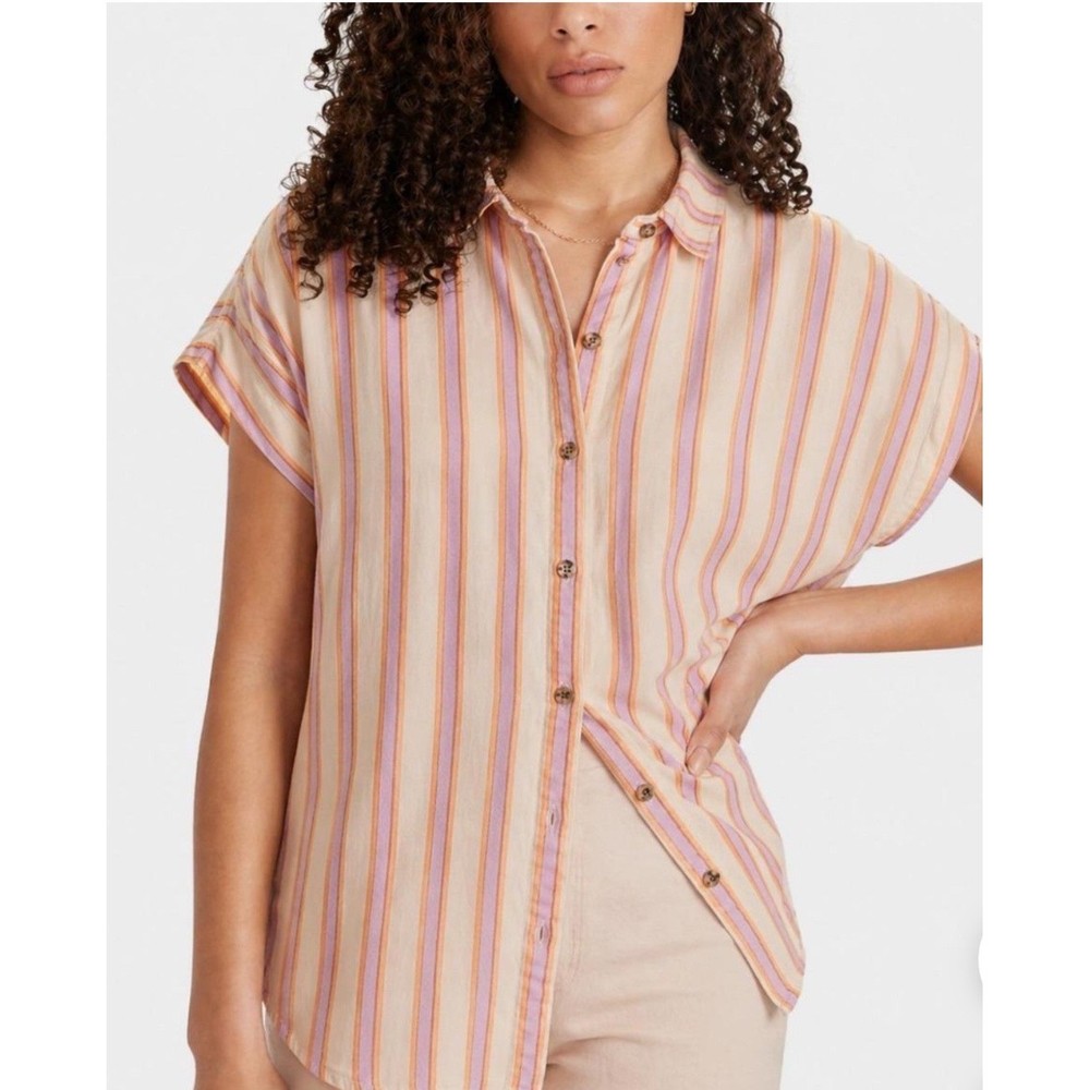 Marine Layer Dana Striped Linen Blend Button Down Shirt Medium Natural Resort