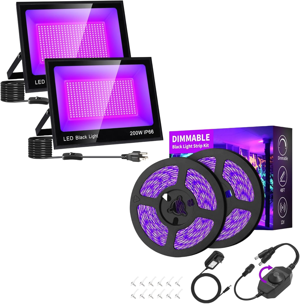 200W LED Black Light 2 Pack+Dimmable Black Light Strip Kit 40Ft, 385Nm-400Nm, Bl