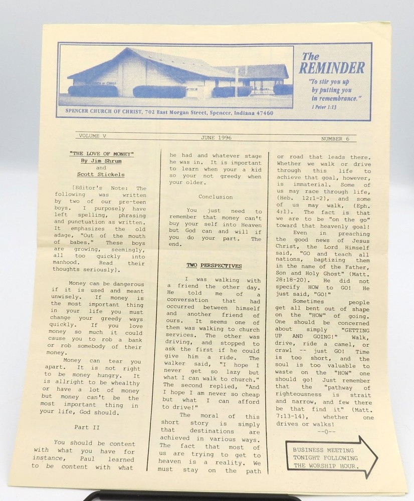 1996 Spencer Church of Christ The Reminder Religious Newsletter Ephemera