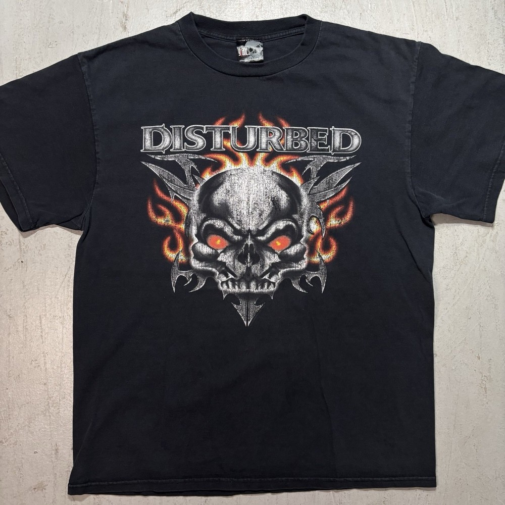 Vintage Disturbed Giant Tag Flaming Skull Music Metal Band T Shirt Size L