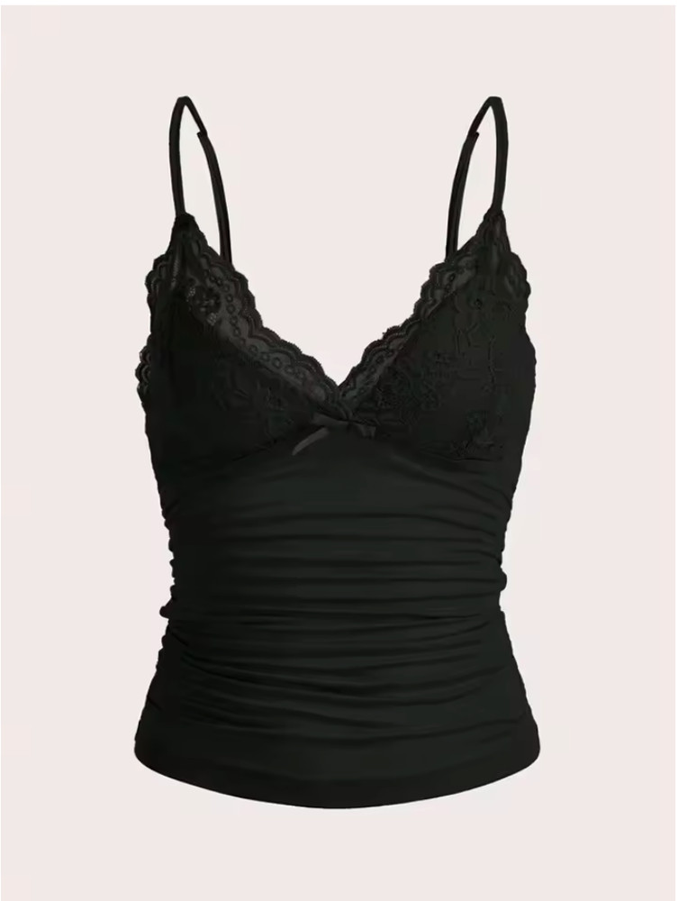 Women's Lace Trim V Neck Ruched Cami Top Bow Spaghetti Strap Coquette Y2K