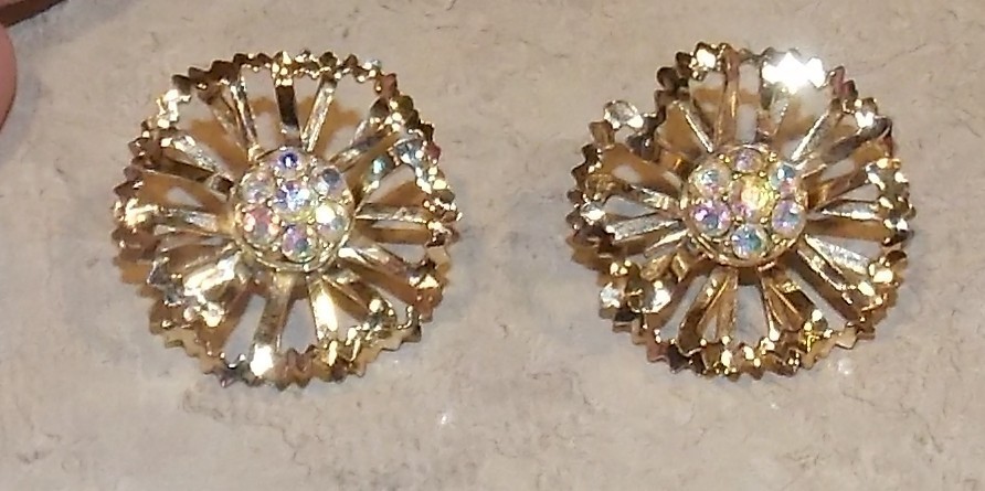 Vintage AB Rhinestone Goldtone Double Flower Stud Earrings Unsigned Jewelry