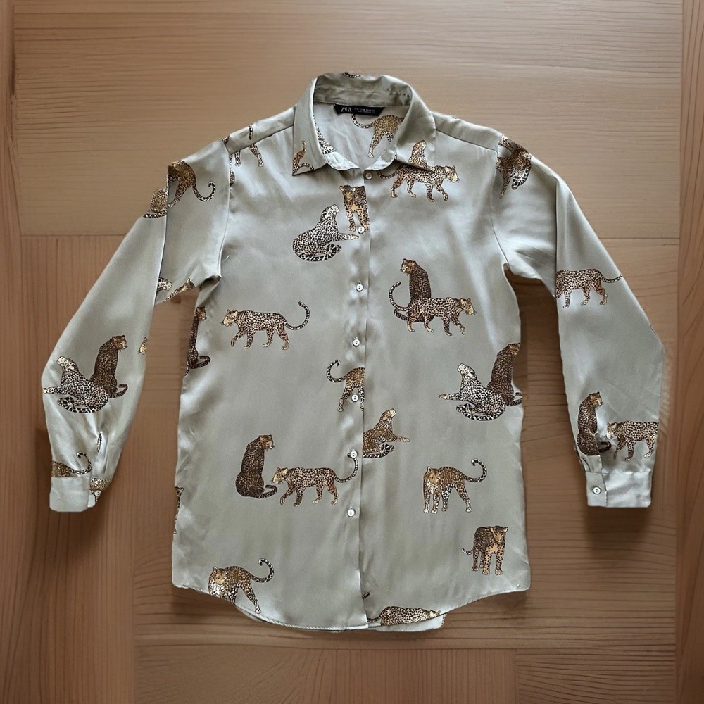ZARA Women's XS Leopard Cheetah Satin Beige Button Up Shirt Relaxed Fit Blouse