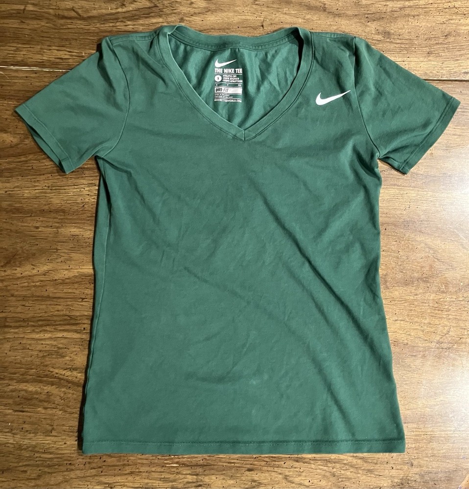 Nike Dri-Fit Short Sleeve Tee Athletic Cut T Shirt V Neck Green Womens Small