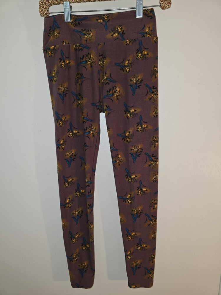 Women's LuLaroe Leggings One Size Floral Print Burgundy Multicolor Pre-owned