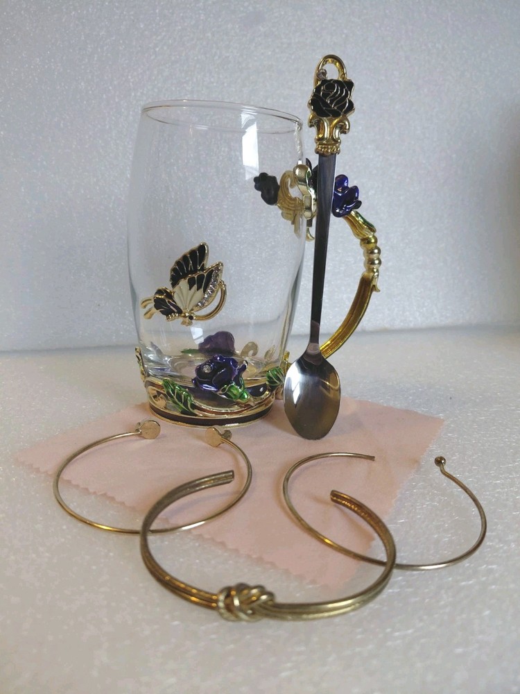 Clear Glass Tea Cup Coffee Mug Jeweled Enamel Floral & Butterfly Shades Of Blue