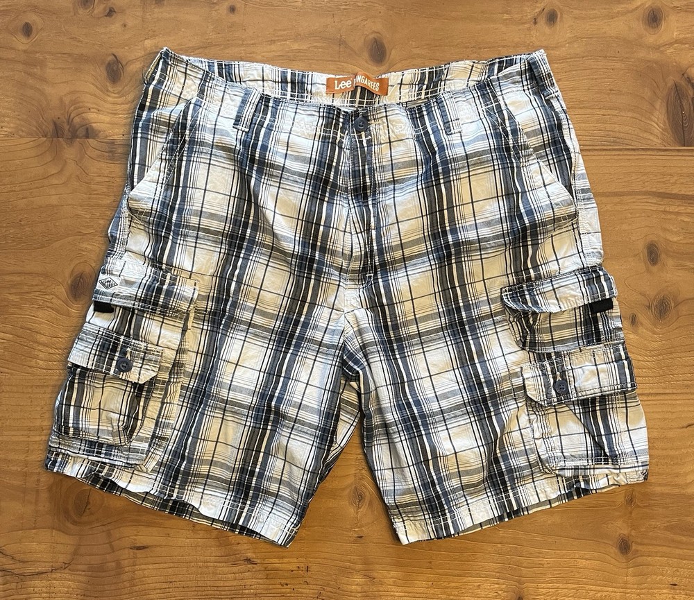 Mens Lee Dungarees Cargo Shorts Size 40 White Black Blue Plaid NICE Ships Fast