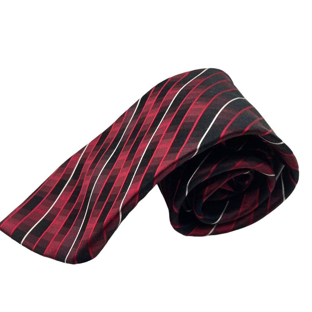 Van Heusen Mens Tie 100% Silk Multicolored Thin Striped Red Black White