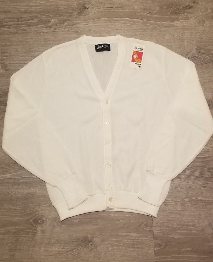 NWT Vintage 70s 80s Mens Jantzen White Knit Button Up Cardigan Sweater Large USA