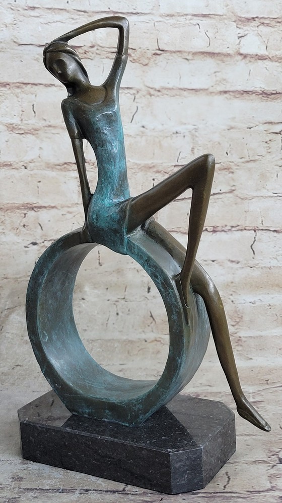 Abstract Bronze Sitting Girl Sculpture Signed by Artist Collet-image