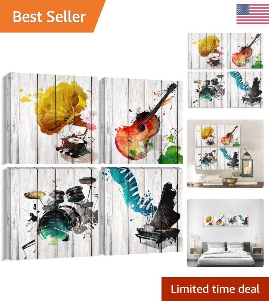 4-Piece Music Canvas Wall Art - Guitar Piano Phonograph Drum Set - Wooden Style