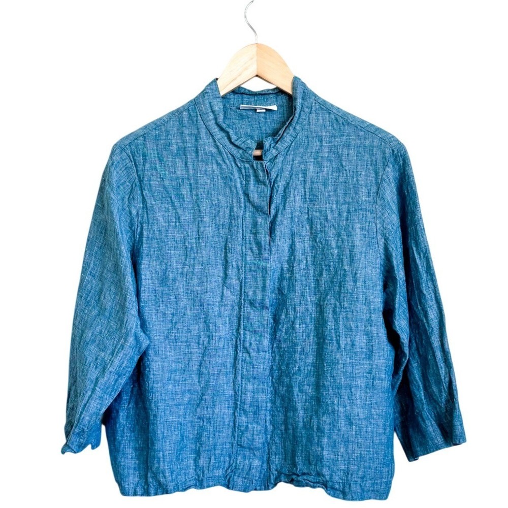 Bryn Walker Womens Linen Lagenlook Shirt Size L Teal Green Boho Boxy Button USA