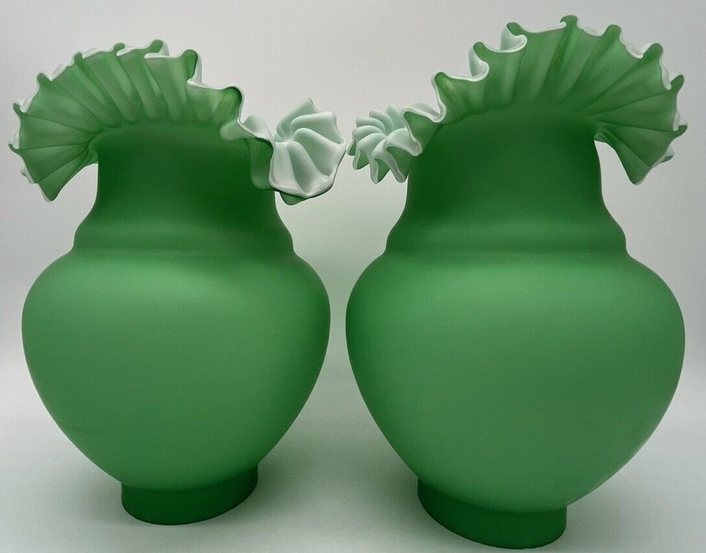 Pair Of Cased Green & White Satin Glass Ruffled Top Fenton Lamp Shades 10” Tall