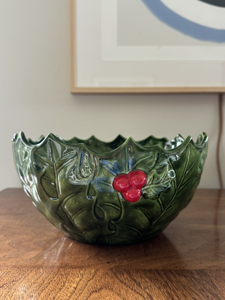 Vtg Lefton Style Green & Holly Berries Holland Mold Large Christmas Ceramic Bowl