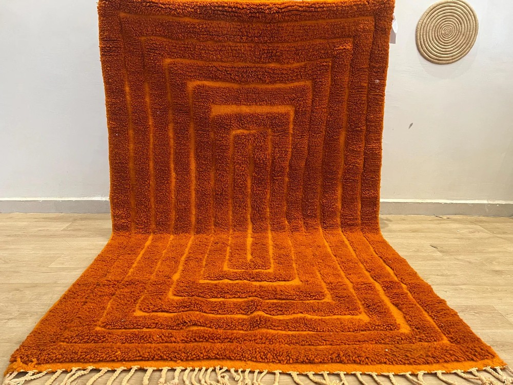 Color Orange Moroccan Berber Beni Ourain Wool Rug Design Handmade Carpet Rug