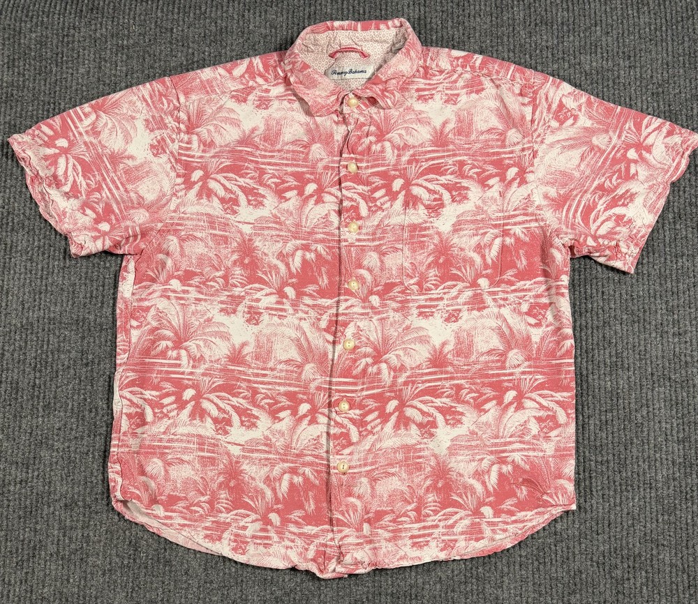 Tommy Bahama Shirt Mens Small Tropical Palm Rayon Short Sleeve Button Up Pink
