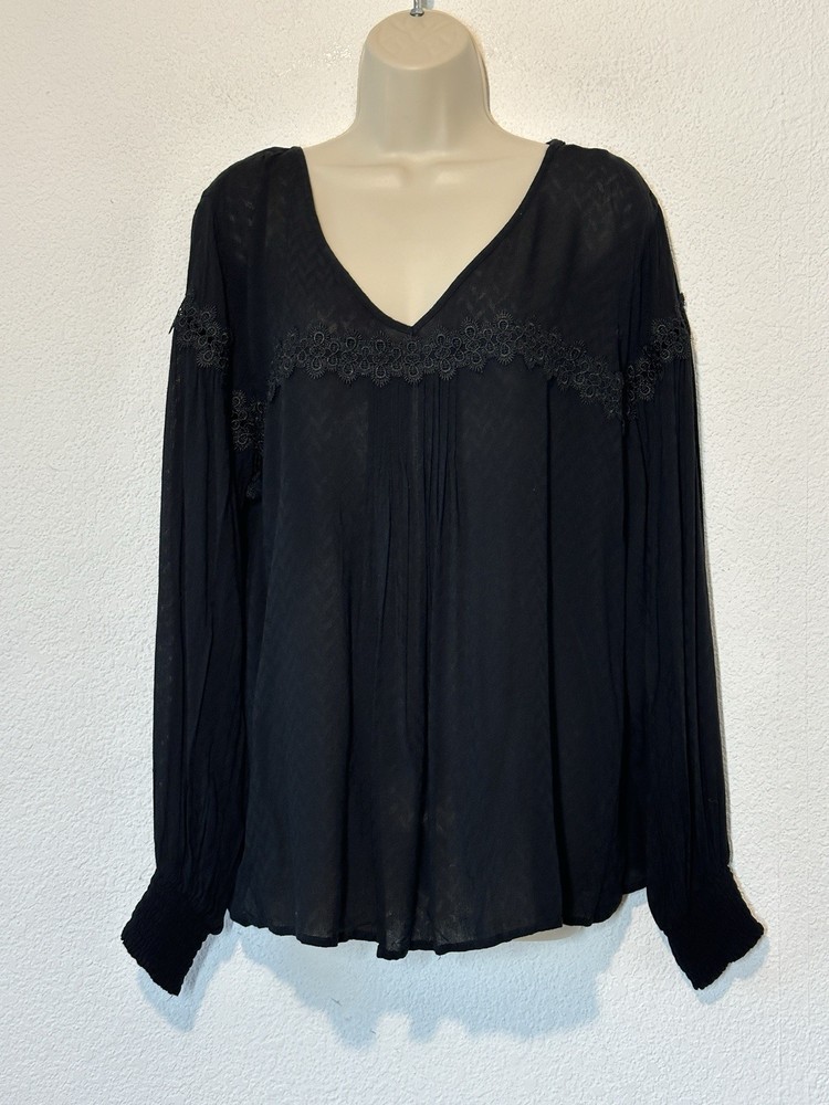 Black Semi Sheer Peasant Top Embroidered Long Sleeve V Neck Womens Size XXL Boho