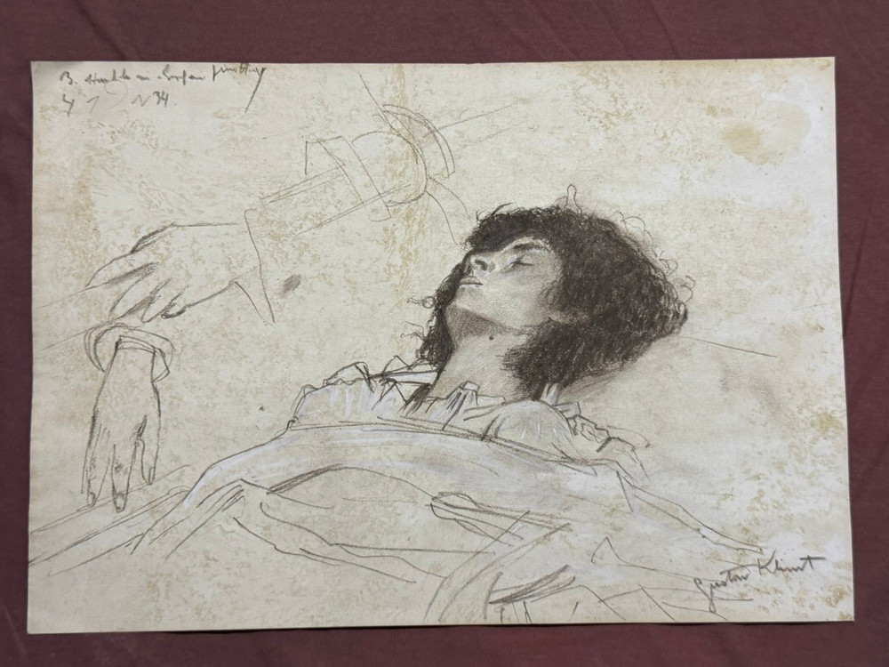 GUSTAV KLIMT  drawing and painting on old paper signed stamped vintage