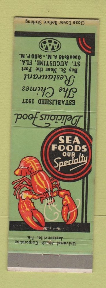 Matchbook Cover - Chimes Restaurant St Augustine FL lobster