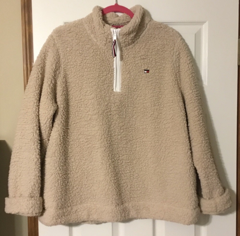 TOMMY HILFIGER Womens XL Tan Faux Sherpa 1/4 Zip Pullover Jacket