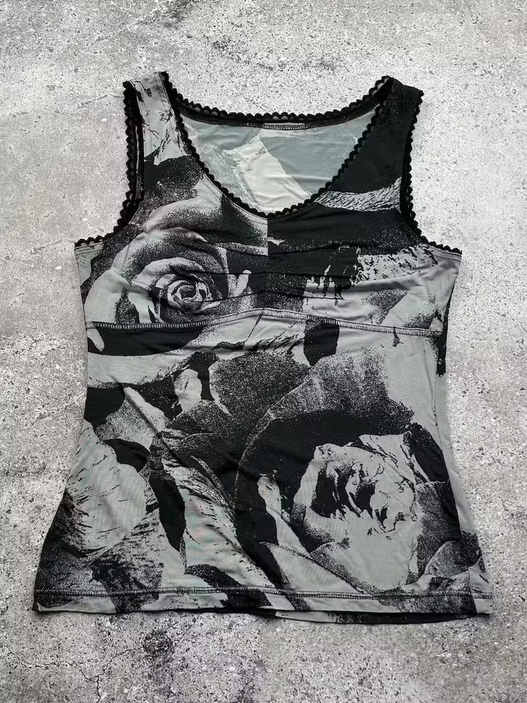 Womens Mesh Graphic Tank Top Size S Abstract Print Sheer Y2K Goth Stretch Cami-image